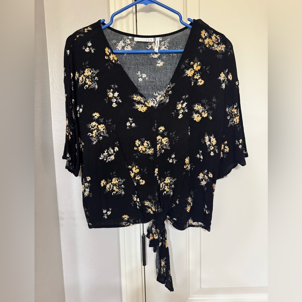 Floral Black Blouse with Tie Front